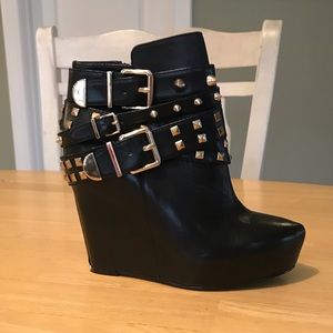BCBG “Aspen” Black Leather Studded Wedge Booties